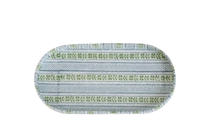 Large Block-Printed Round Desk Tray - Mint-Sky Rhea