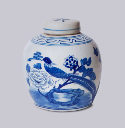 Blue and White Porcelain Peony Lidded Round Storage Jar