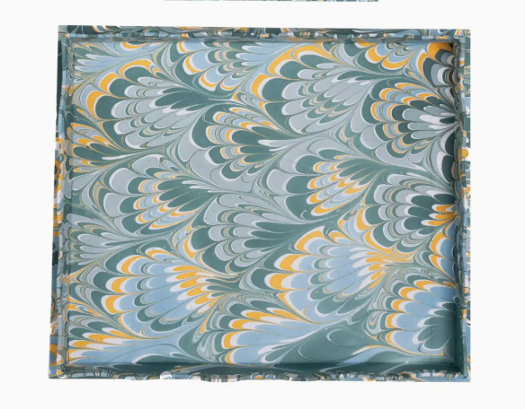 Large Scalloped Hand-Marbled Trays in Blue