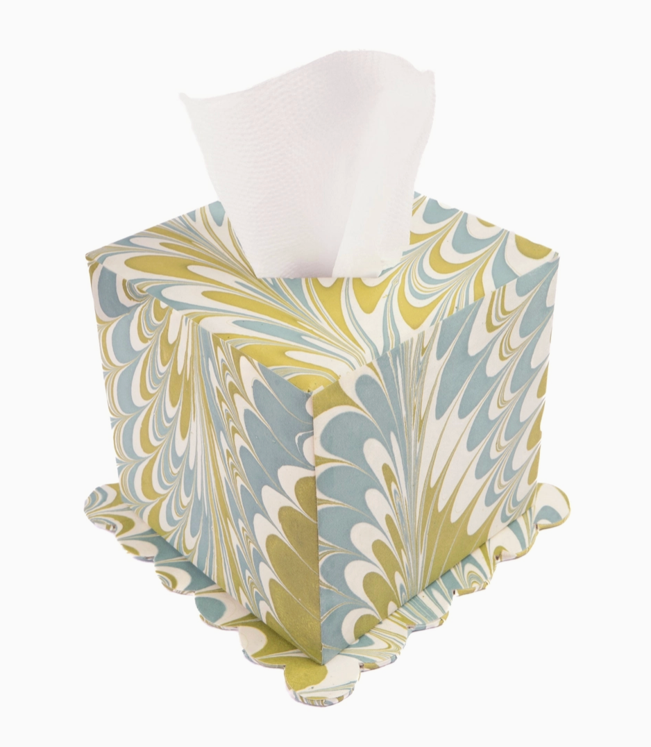 Hand-Marbled Scallop Tissue Box Cover in Robin Blue