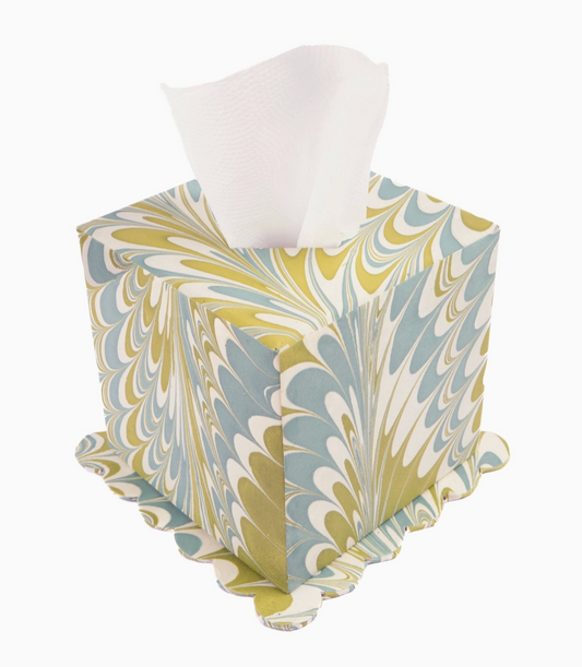 Hand-Marbled Scallop Tissue Box Cover in Robin Blue