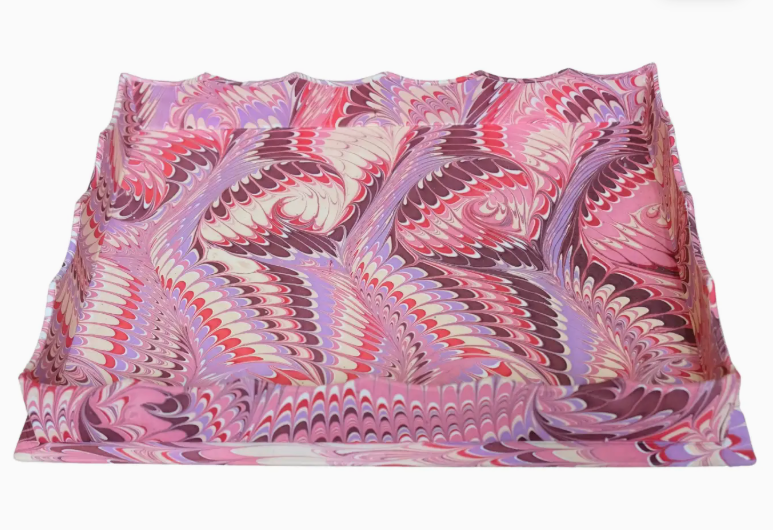 Large Scalloped Hand-Marbled Trays in Florentine Pink