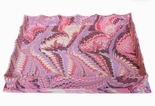 Large Scalloped Hand-Marbled Trays in Florentine Pink