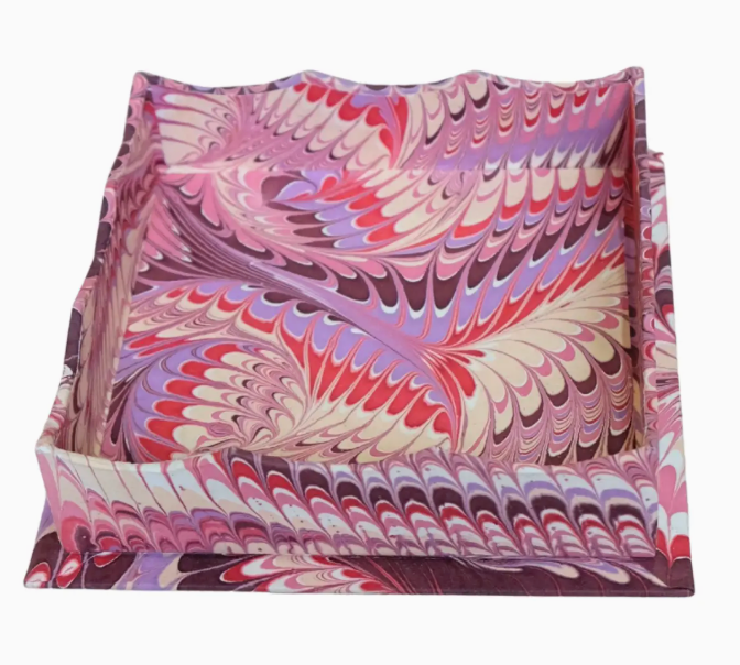 Small Scalloped Hand-Marbled Trays in Florentine Pink